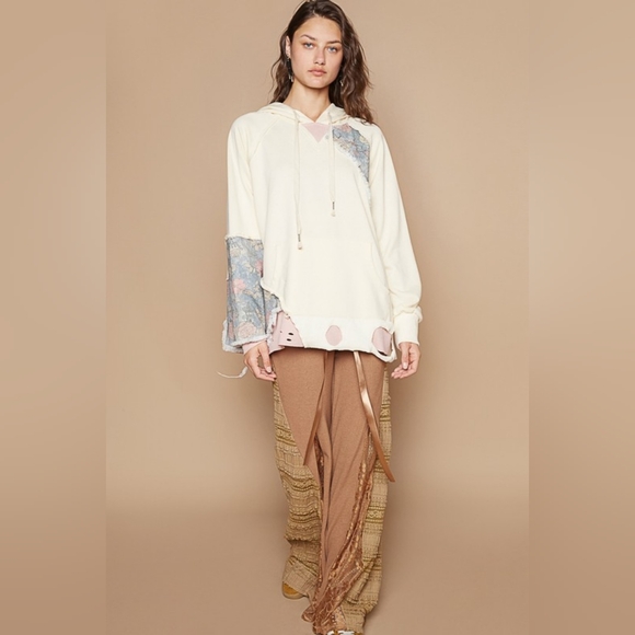 POL Hoodie Floral Contrast Patchwork Top Distressed Raw Exposed Seam Sweatshirt - Picture 4 of 15